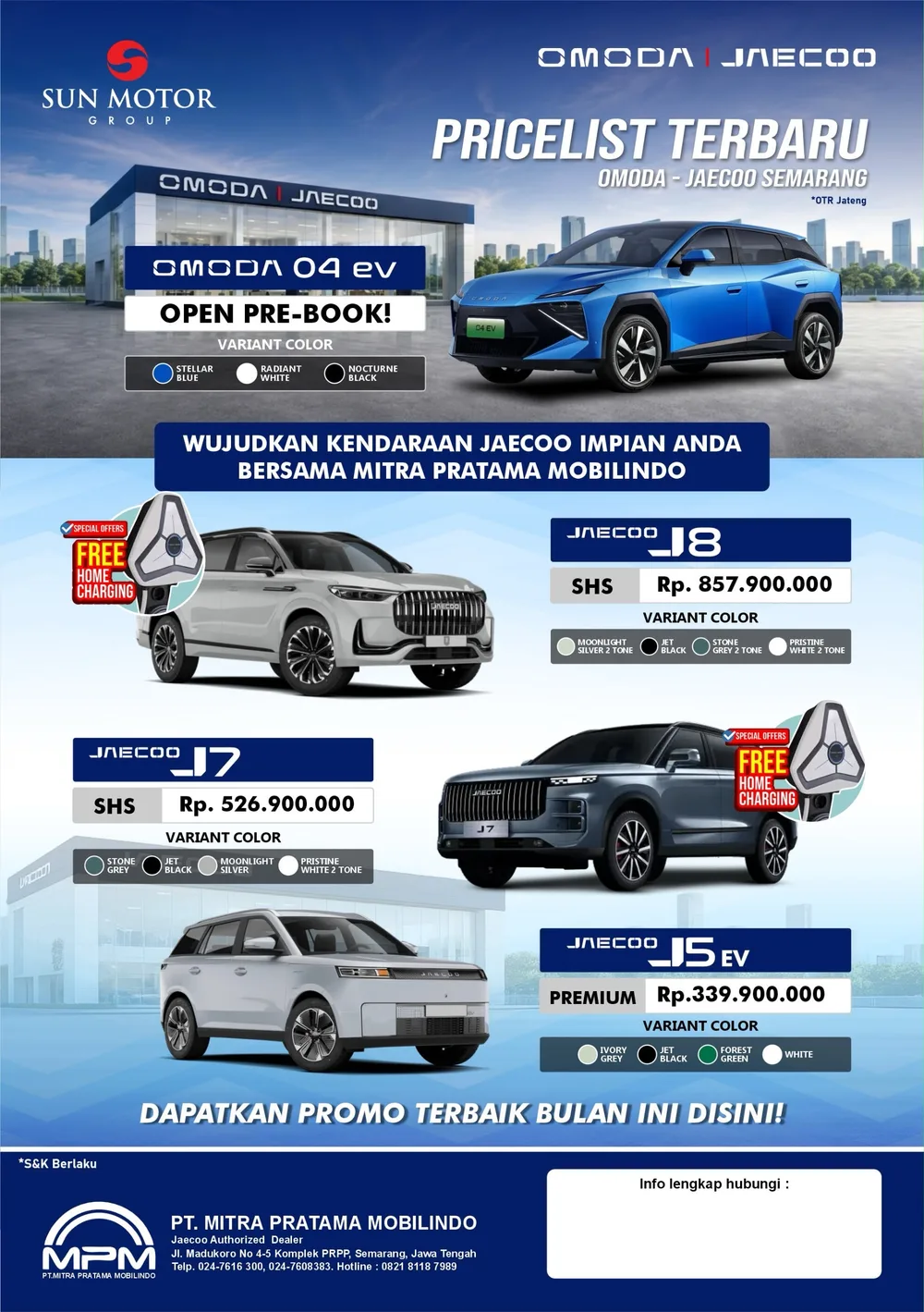 Pricelist terbaru OMODA dan JAECOO Semarang: OMODA 04 EV open pre-book, JAECOO J8 SHS, J7 SHS, dan J5 EV.